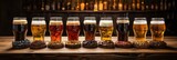 Fototapeta Panele - assorted beers draft beer in glass Draft beer in glasses on a row of bars bar background blur