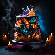 A Spooky Birthday Cake With Funky Blue, Black, Purple And Orange Colors And Wierd Mark On It In The Background There Are Many Candles Lit In The Dark
