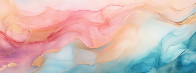 Abstract watercolor paint background illustration web design - Soft blue pink pastel color waves and gold lines, with liquid fluid marbled paper texture banner texture (Generative Ai)