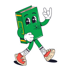 Isolated groovy character walking green book in gloves in flat retro classic cartoon style of 60s 70s on white background. Illustration for your design, print, card, poster, stickers