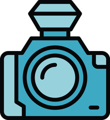 Poster - Eco tourism camera icon outline vector. People travel. Trip bike color flat
