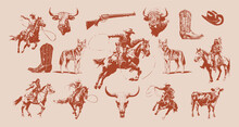 Western Rodeo Cowboy Vector Set, Vintage Earthy, Buffalo, Cattle, Coyote, Cowboy Boot, Skull, Wild West Desert Aesthetic	