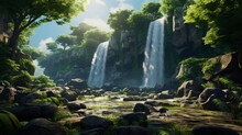 The Waterfall Is A Riot Of Green Vegetation And Dense Bushes