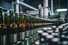 Factory For The Production Of Beer. Brewery Conveyor With Glass Beer Drink Alcohol Bottles, Modern Production Line. Blurred Background. Modern Production For Bottling Drinks. Selective Focus.