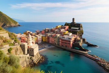 Panorama of Vernazza town in Cinque Terre, Liguria, Italy, Generative AI