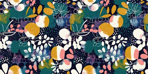 Wall Mural - Modern naive collage paper cut out shapes border with fabric effect design. Seamless contemporary fun nature inspired textile print repeat for trendy summer trim designs.