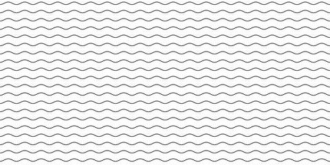 Wave line seamless pattern. Wavy thin stripes pattern. Black horizontal water curve lines texture. Simple monochrome black and white background. Editable stroke. Vector illustration.