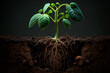 Leinwandbild Motiv a young plant with roots in the ground,a young plant with roots,green vegetable sprouts grow in the soi,Growing plant with underground root visible,generative ai