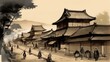 Illustration of feudal japan village, Generative AI