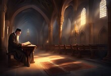 Pious Jew Prays In Synagogue, Reads The Holy Book Of The Torah, Generative AI.