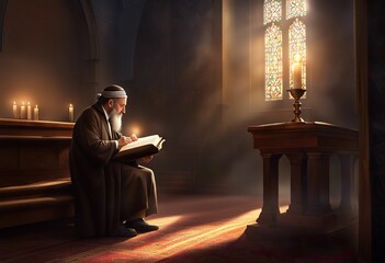 Pious jew prays in synagogue, reads the holy book of the Torah, generative AI.