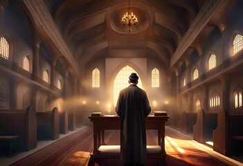 Canvas Print - Pious jew prays in synagogue, reads the holy book of the Torah, generative AI.