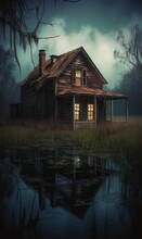 Generative AI Illustration Of Scary House On Swamps, Generative AI