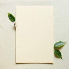 Sticker - Blank greeting card, invitation and envelope mockup. Rectangular blank with fresh green leaves. Flat lay, top view. Square. Happy mother's day, birthday, wedding composition. 