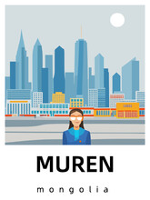 Muren: Flat Design Tourism Poster With A Cityscape Of Muren (Mongolia)