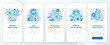 2D blue icons representing overproduction mobile app screen set. Walkthrough 5 steps graphic instructions with thin line icons concept, UI, UX, GUI template.