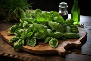 Wall Mural - fresh basil leaves spread on a wooden board