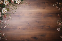 Antique Wooden Country Table With Flowers And Floral Design, Wood Texture And Rustic Flatlay Background