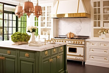 Kitchen Decor, Interior Design And House Improvement, Bespoke Sage Green English In Frame Kitchen Cabinets, Countertop And Appliance In A Country House, Elegant Cottage Style