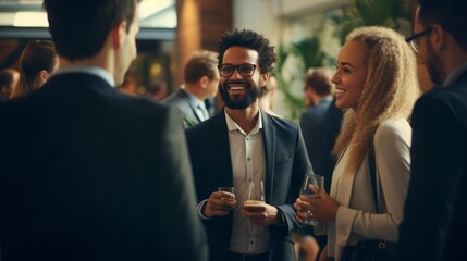 Diversify Asian seminar participants casual chat after successful conference event at lounge, ai generate