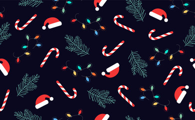 Wall Mural - Seamless Christmas vector pattern with candy canes, Santa hat and colored holiday garlands on dark blue background.