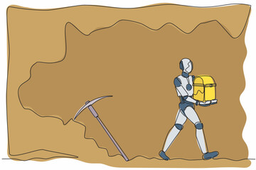 Wall Mural - Continuous one line drawing robot carrying treasure chest from underground. Humanoid robot cybernetic organism. Future robotics development concept. Single line draw design vector graphic illustration