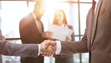 Wall Mural - Close-up of business partners shaking hands after a successful agreement against the background of colleagues