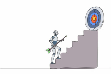 Wall Mural - single continuous line drawing robot holding arrow running up stairway to high target. robotic artif