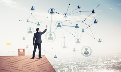 Wall Mural - businessman on house roof presenting networking and connection c