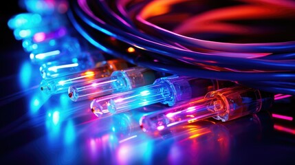 Sticker - Colored electric cables and led optical fiber intense colors background for technology image and new business trends, generative ai