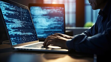 Software development concept coding programmer software engineer working on laptop with javascript computer code on virtual screen internet of things iot digital technology, generative ai