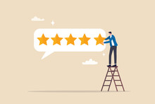 5 Stars Rating Feedback, Customer Satisfaction, Comment Or Giving Product Review, Best Reputation Or Ranking, Assessment, Excellent Award Concept, Customer Or Client Giving Five Stars Feedback Review.