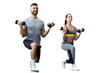 Attractive sports people are working out with dumbbells on a transparent background