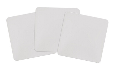 A stack of three white square beer coasters mockup. Blank sample bierdeckels with rounded corners isolated from the background. Cardboard pieces for branding to put under a hot cup or a wet glass.