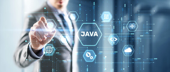 Businessman clicks Java programming language application concept on virtual screen