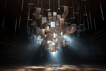 Wall Mural - sculpture suspended in mid - air, the structure composed of floating geometric shapes, metallic, gli