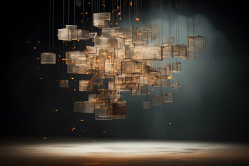 Wall Mural - sculpture suspended in mid - air, the structure composed of floating geometric shapes, metallic, gli