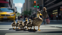 A Mother Duck Leading Her Ducklings Across A Busy City Crosswalk, Highlighting The Odd Juxtaposition