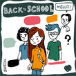 Three diverse teens coming back to school or college in colored hand-drawn sketchnote style. Vector illustration with white background.