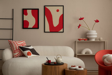 Wall Mural - Interior design of modern and cozy living room interior with mock up poster frame, red armchair, wooden coffee table, pillows, vase with flowers and personal accessories. Home decor. Template.