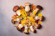 Mushroom harvest and autumn leaves compositions. Mushrooms Boletus, cep on autumnal background. Autumn composition. Fall season mood mushrooms picked. Copy space, top view
