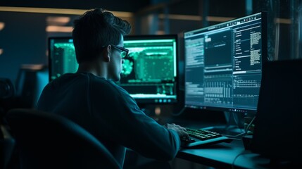 IT security programmer coding on computer