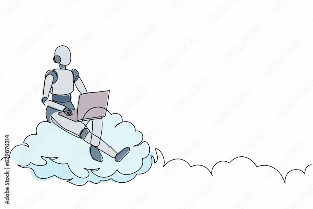 Continuous one line drawing robot sitting on cloud in sky and working ...