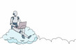 Continuous one line drawing robot sitting on cloud in sky and working with laptop. Wireless internet connection. Humanoid robot cybernetic organism. Single line draw design vector graphic illustration