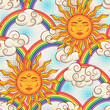 Pattern with sun with face, clouds, rainbow and halftone shapes. Concept of harmony, positivity. Mythological fairytale character. Groovy, hippie, naive style for apparel, fabric, textile, kids design