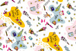 Seamless decorative birthday or school pattern - colorful hand-drawn cartoon school objects. Colorful hand-drawn doodles. Suitable for wrapping paper, decoration, party paper, gift markets. 