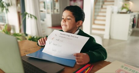 Wall Mural - Laptop, video call and e learning with a student boy in his home for remote class online. Computer, education and child development with a male pupil in private home school for distance scholarship