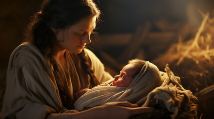 Portrait of Mary with baby Jesus in his arms. Nativity of Jesus. Christmas concept.