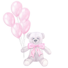 Wall Mural - Watercolor postcard pink balloons and teddy bear, bow. Girl's birthday. Hand drawn illustration isolated white background. Gender party, baby shower, holiday