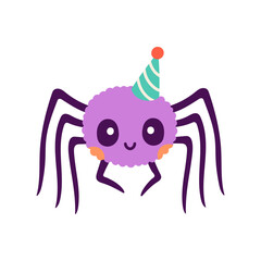 Wall Mural - Happy Halloween. Vector cute illustration of purple spider in party hat in trendy colors for postcard, flyer, banner